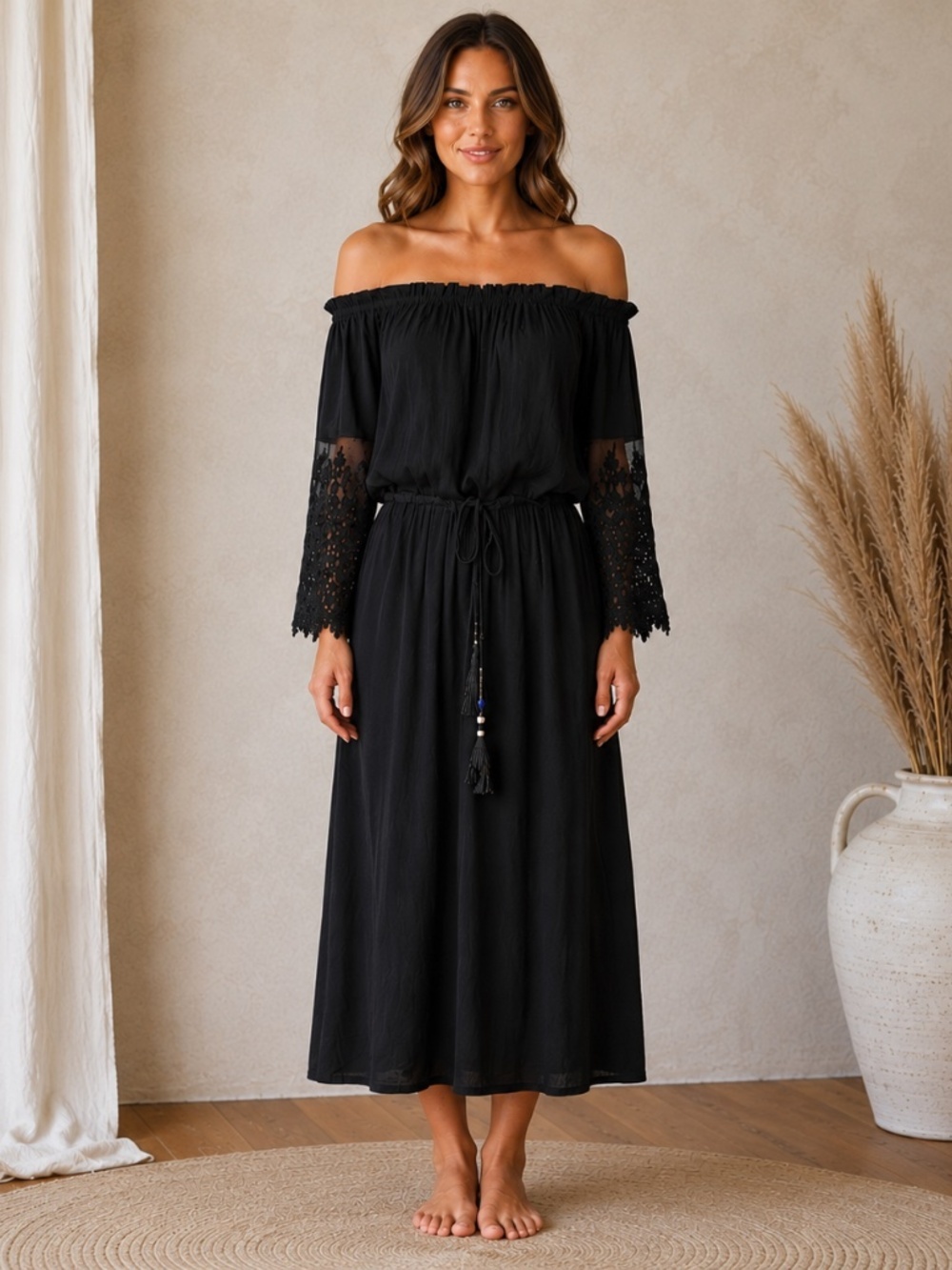 Young Fabulous & Broke Black Off Shoulder Midi Dress Lace Bell Sleeve Tassels S